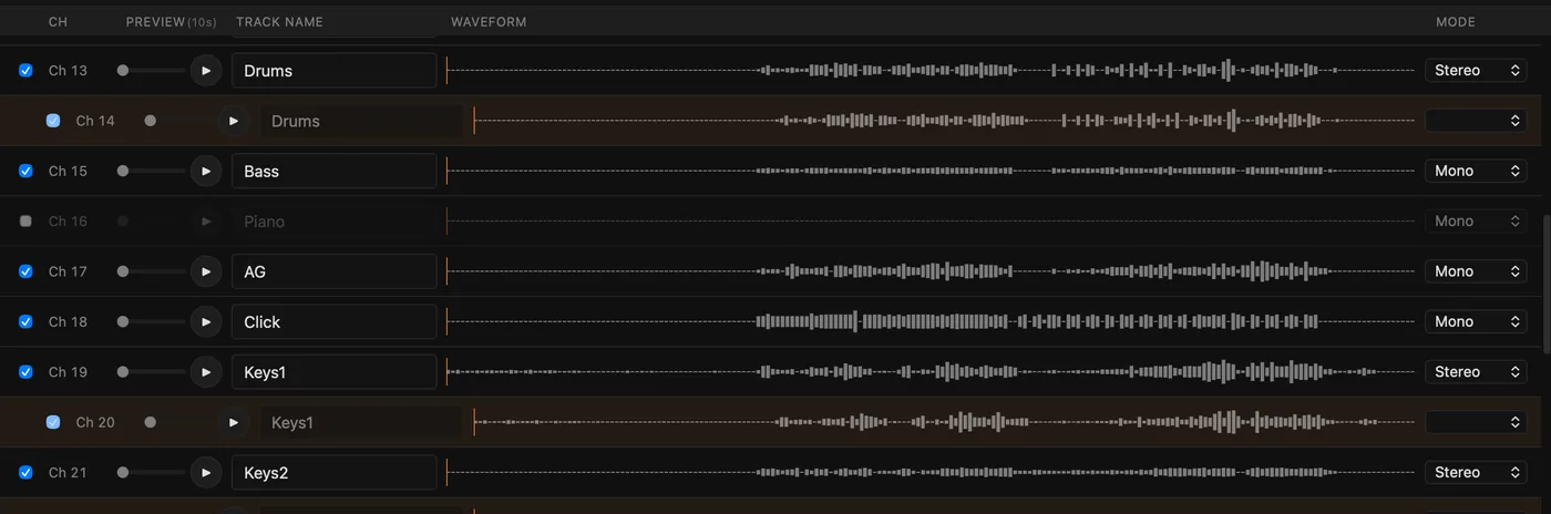 Track list with names, stereo pairs, and modes