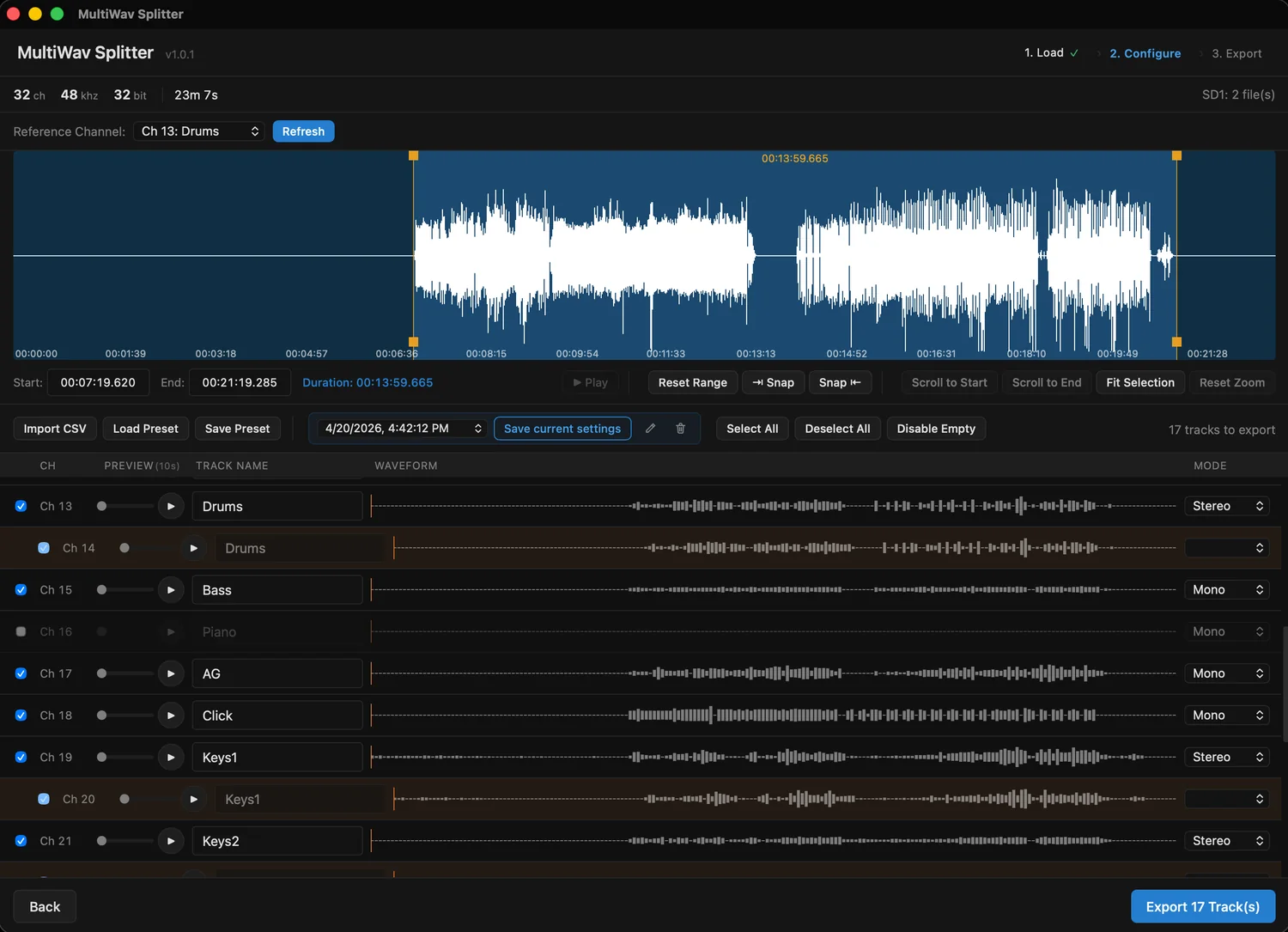 MultiWav Splitter configure screen with the reference waveform, range selection, and track list